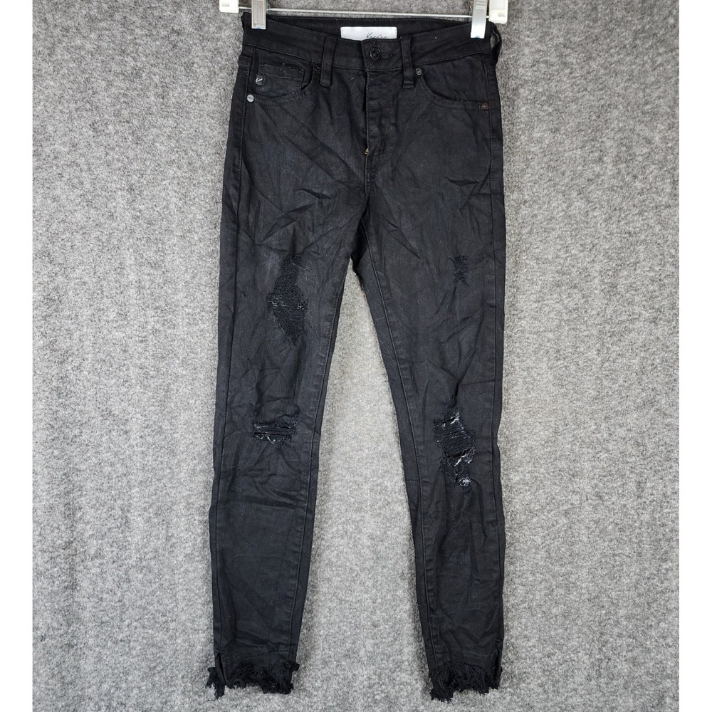 KanCan Jeans Womens 1 Skinny Black Coated Distressed Frayed Hem EUC
